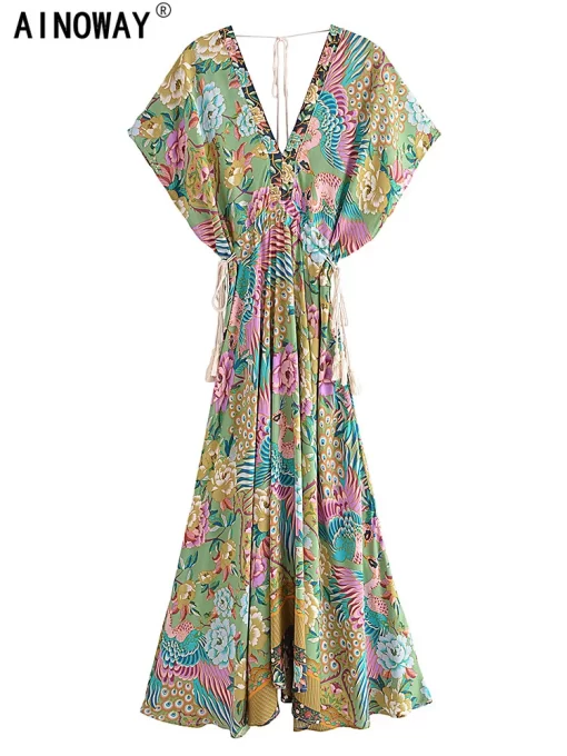 Vintage Chic Peacock Floral Maxi Dress