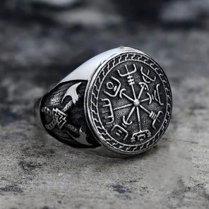 Vintage Stainless Steel Compass Viking Ring Men Boys Nordic Viking Axe aegishjalmur Ring Male Norse Mythology