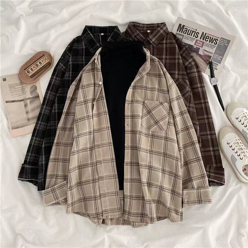 Vintage Women Plaid Shirts Loose Oversize Long Sleeve Button Up Fall Shirt Casual Pocket Female Tops 3
