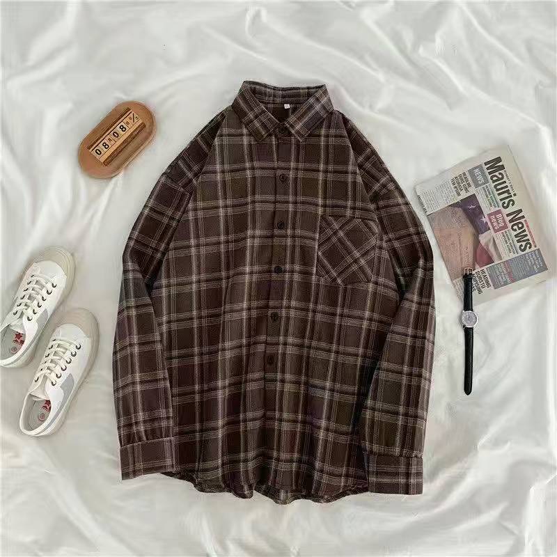 Vintage Women Plaid Shirts Loose Oversize Long Sleeve Button Up Fall Shirt Casual Pocket Female Tops 4