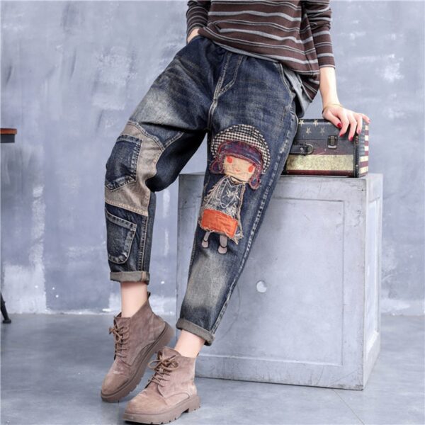 Vintage printing Embroidery Jeans Women Casual Loose plus size Harem pants Denim cottons Do old Jeans 1