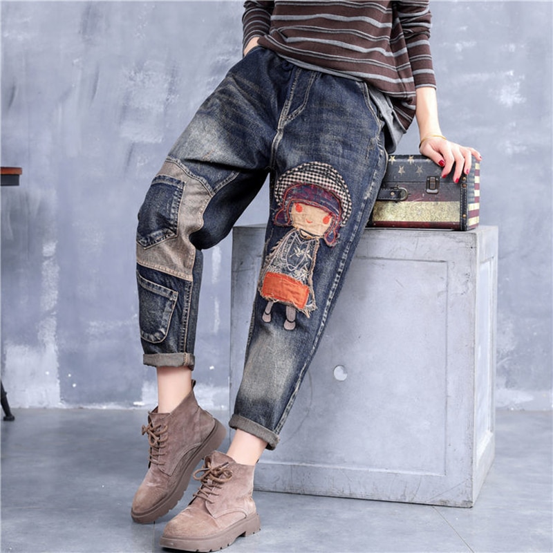 Vintage printing Embroidery Jeans Women Casual Loose plus size Harem ...