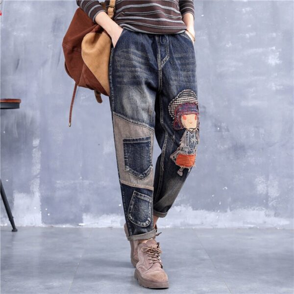 Vintage printing Embroidery Jeans Women Casual Loose plus size Harem pants Denim cottons Do old Jeans 2