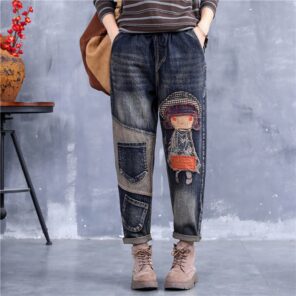 Vintage printing Embroidery Jeans Women Casual Loose plus size Harem pants Denim cottons Do old Jeans