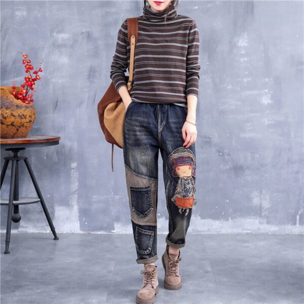 Vintage printing Embroidery Jeans Women Casual Loose plus size Harem pants Denim cottons Do old Jeans 3