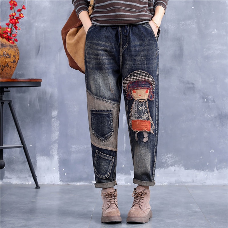 Vintage printing Embroidery Jeans Women Casual Loose plus size Harem ...