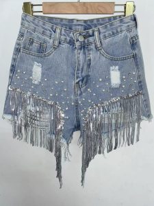 Waist Beads Tassel Women s Denim Shorts Summer Beading Wide Leg Thin Oversized Jeans S 5xl