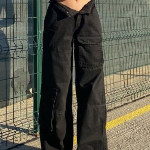 Weekeep Low Rise Black Jeans Baggy Pocket Patchwork Straight Cargo Pants Harajuku Streetwear Denim Trousers Women