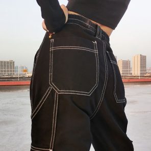 Weekeep Pockets Patchwork Baggy Jeans Fashion Streetwear Cotton Women Denim Trouser Loose Cargo Pants Korean