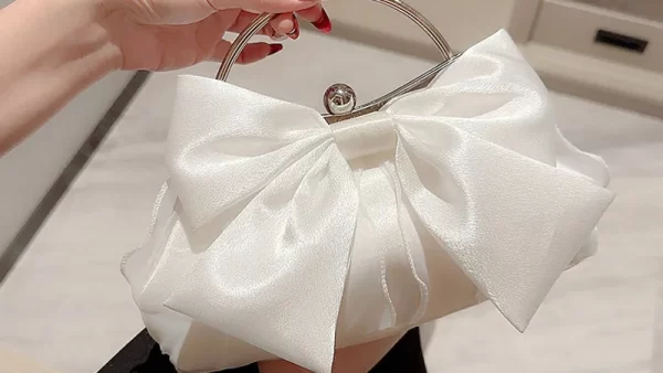 White Satin Bow Fairy Evening Bags Clutch Metal Handle Handbags for Women Wedding Party Bridal Clutches