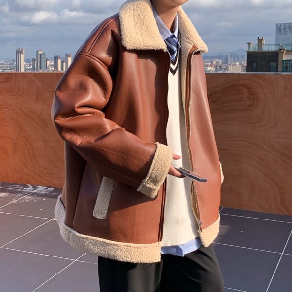 Winter Thick Leather Jacket Men Warm Fashion Retro Lamb Wool Jacket Men Streetwear Korean Loose Short 1