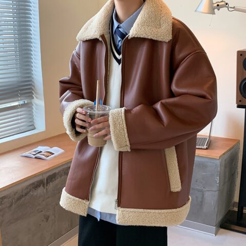 Winter Thick Leather Jacket Men Warm Fashion Retro Lamb Wool Jacket Men Streetwear Korean Loose Short
