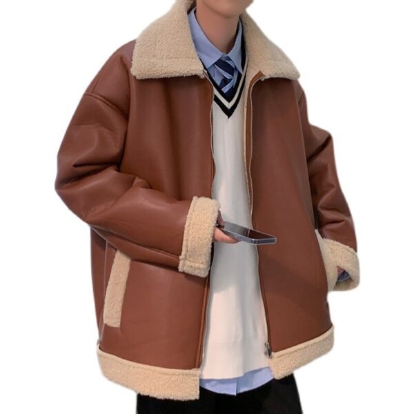Winter Thick Leather Jacket Men Warm Fashion Retro Lamb Wool Jacket Men Streetwear Korean Loose Short 5