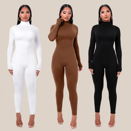 Winter Warm Women s Jumpsuit Autumn New Fashion High Collar Long Sleeve High Waist Pants Women