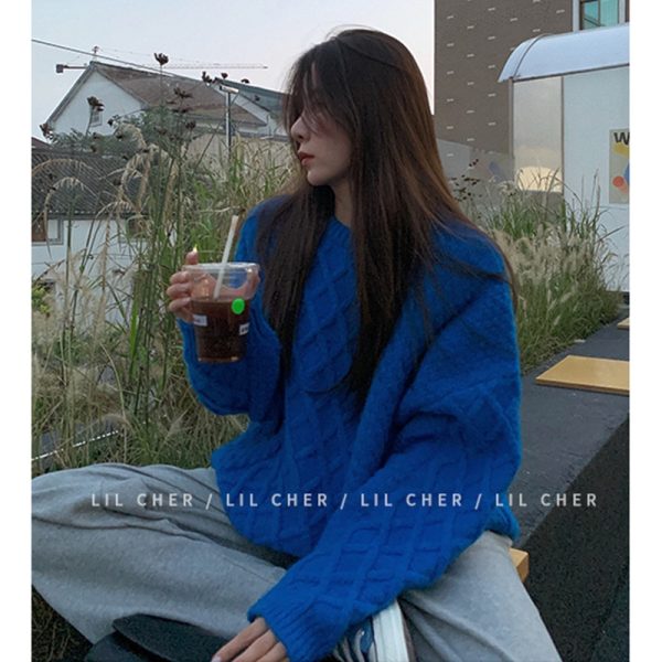 Winter Women Blue Sweater Crew Neck Twist Korean Fashion Lazy Wind Leisure Loose Vintage Pullover Long 1