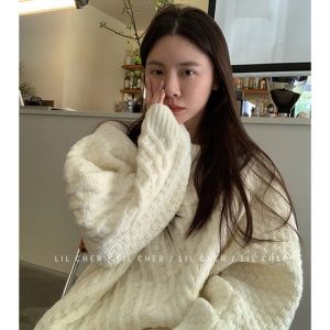 Winter Women Blue Sweater Crew Neck Twist Korean Fashion Lazy Wind Leisure Loose Vintage Pullover Long.png 640x640 1