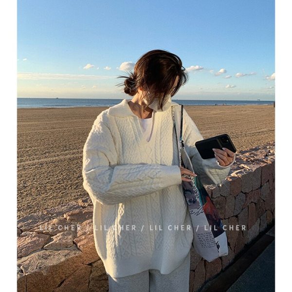 Winter Women s Clothing Ivory Sweater Turned Collar Twist Korean Fashion Loose Retro Pullover Long Sleeves 1