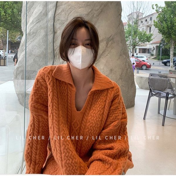 Winter Women s Clothing Ivory Sweater Turned Collar Twist Korean Fashion Loose Retro Pullover Long Sleeves 2