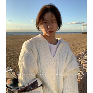Winter Women s Clothing Ivory Sweater Turned Collar Twist Korean Fashion Loose Retro Pullover Long Sleeves