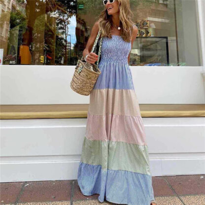 Woman Sweet Colorful Stripe Sling Long Dress Summer Elegant Female Lacing Beach Dresses Ladies Casual