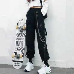 Women Cargo Pants 2021 Harem Pants Fashion Punk Pockets Jogger Trousers With Chain Harajuku Elastics High