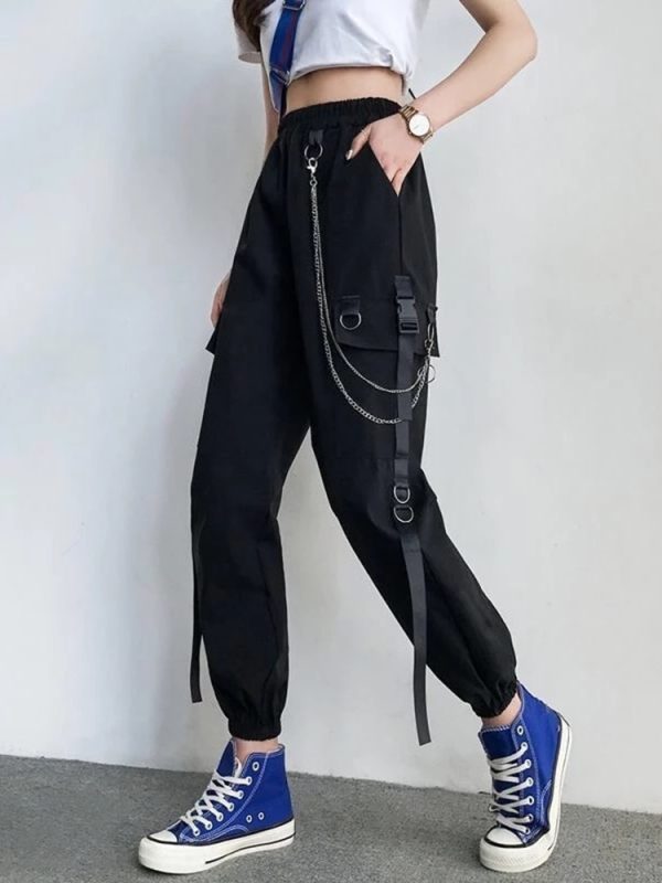 Women Cargo Pants Harem Pants Fashion Punk Pockets Jogger Trousers With Chain Harajuku Elastics High