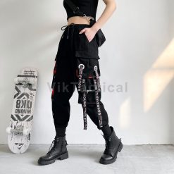 Women Cargo Pants Harem Pants Fashion Punk Pockets Jogger Trousers With Chain Harajuku Elastics High