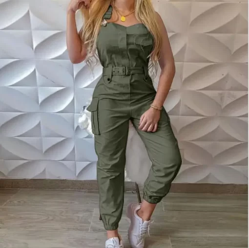 Women Cargo Playsuit Sleeveless O Neck Jumpsuit With Pocket And Belt Elegant Pencil Pants Loose Overalls 2