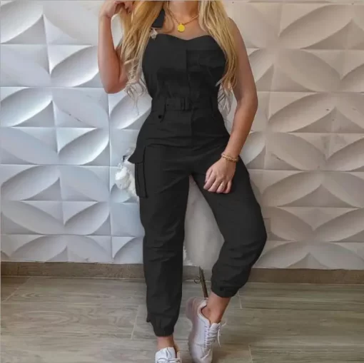 Women Cargo Playsuit Sleeveless O Neck Jumpsuit With Pocket And Belt Elegant Pencil Pants Loose Overalls 3