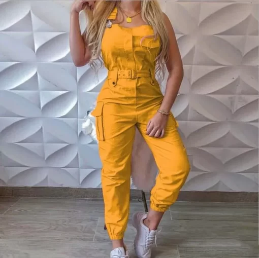 Women Cargo Playsuit Sleeveless O Neck Jumpsuit With Pocket And Belt Elegant Pencil Pants Loose Overalls