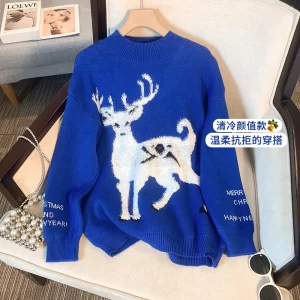 Women Christmas Knitted Sweater Loose Crewneck Soft Pullovers Sweater Autumn Winter Christmas Clothing Ladies Jumper Tops 2
