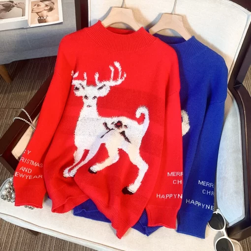 Women Christmas Knitted Sweater Loose Crewneck Soft Pullovers Sweater Autumn Winter Christmas Clothing Ladies Jumper Tops 3