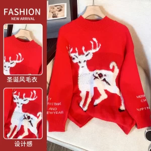 Women Christmas Knitted Sweater Loose Crewneck Soft Pullovers Sweater Autumn Winter Christmas Clothing Ladies Jumper Tops 4