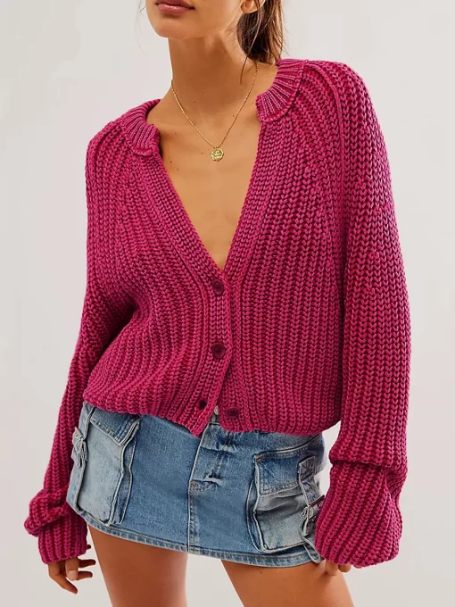 Women Cropped Sweaters Casual Solid Color Knitted Button up Cardigans Warm Fall Knitwear for Streetwear 5