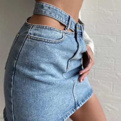 Women Fashion New Split High Waist Denim Skirt Summer Comfortable Daily Wrap Hip Half body Dress 1