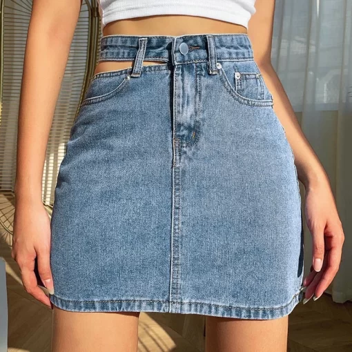 Women Fashion New Split High Waist Denim Skirt Summer Comfortable Daily Wrap Hip Half body Dress 2