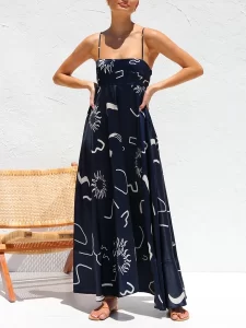 Women Graphic Maxi Cami Dress Spaghetti Strap High Waist Flowy Beach Long Dress Bohemian Summer Holiday