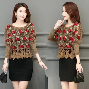 Women Hollow Rose Flower Sweater Pullover O Neck Short Bat Sleeve Knitted Tops Spring Autumn Clothing 3