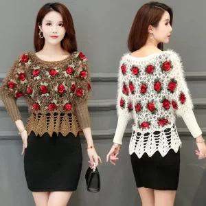 Women Hollow Rose Flower Sweater Pullover O Neck Short Bat Sleeve Knitted Tops Spring Autumn Clothing 4