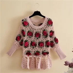 Women Hollow Rose Flower Sweater Pullover O Neck Short Bat Sleeve Knitted Tops Spring Autumn Clothing 5