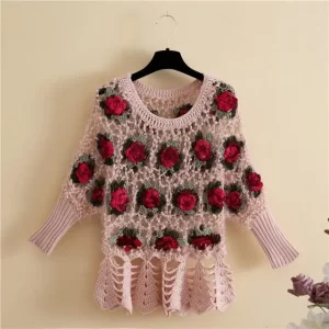 Women Hollow Rose Flower Sweater Pullover O Neck Short Bat Sleeve Knitted Tops Spring Autumn Clothing.jpg 640x640 1