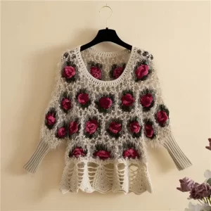 Women Hollow Rose Flower Sweater Pullover O Neck Short Bat Sleeve Knitted Tops Spring Autumn Clothing.jpg 640x640 2