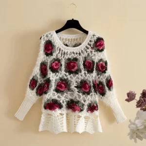Women Hollow Rose Flower Sweater Pullover O Neck Short Bat Sleeve Knitted Tops Spring Autumn Clothing.jpg 640x640 4