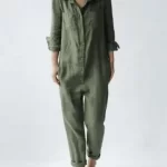 Women Jumpsuits Long Sleeve Single Breasted Button Turn