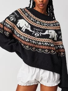 Women Knit Casual Sweater Long Sleeve Crew Neck Elephant Print Pullover Fashion Warm Sweatshirt Fall Winter 2