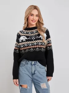 Women Knit Casual Sweater Long Sleeve Crew Neck Elephant Print Pullover Fashion Warm Sweatshirt Fall Winter 4