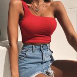 Women Lady Female One Shoulder Crop Tops Sleeveless