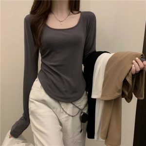 Women Long Sleeve Square Neck T Shirt Spring And Autumn New Irregular Hem Slim Casual Top