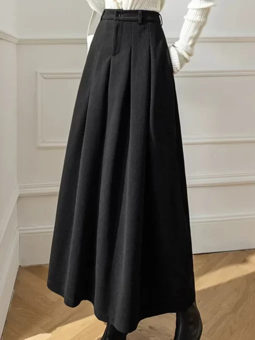 Women Maxi Skirt Korean Elegant Office Lady Long Skirt Autumn Winter Warm Pleated Skirts Ladies Casual 1