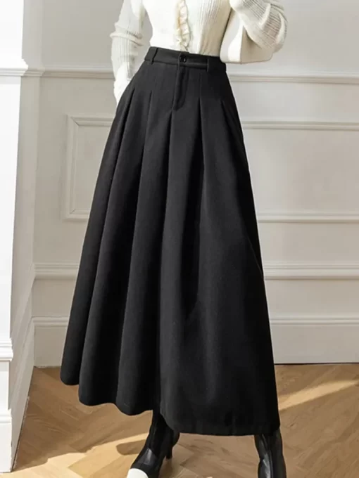 Women Maxi Skirt Korean Elegant Office Lady Long Skirt Autumn Winter Warm Pleated Skirts Ladies Casual 3